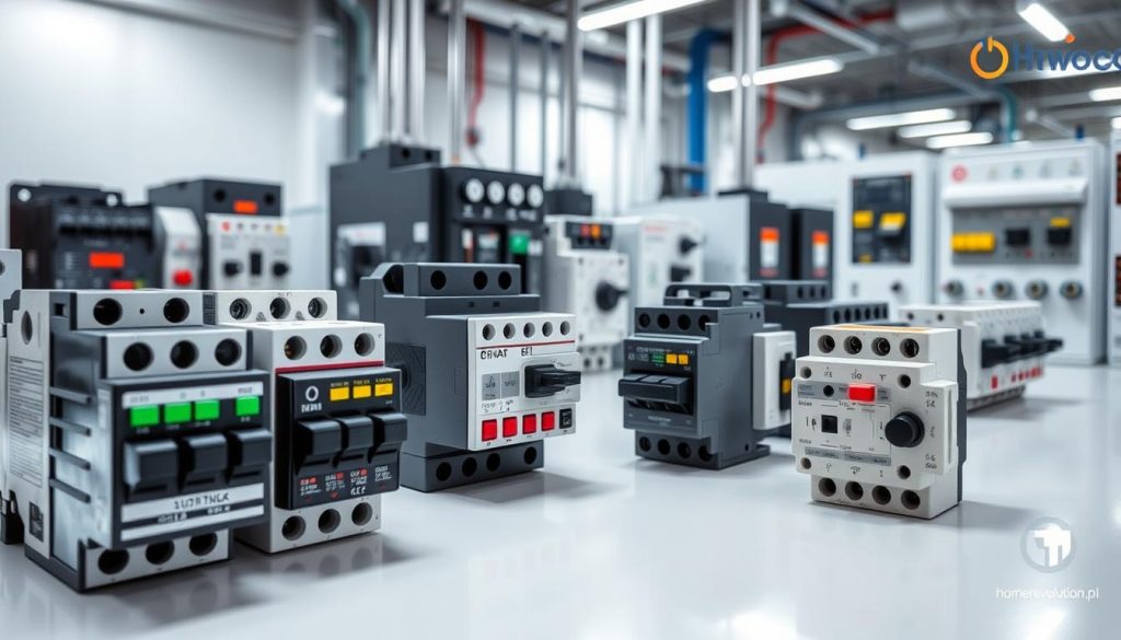 A crisp, detailed image of electrical control panel components, showcasing the application of contactors (styczniki) in automation and power supply systems. The foreground features several contactor units of varying sizes, each with its own set of terminals, indicators, and control buttons, all arranged neatly on a clean, well-lit surface. The middle ground includes various circuit breakers, relays, and other related industrial automation devices, while the background depicts a clean, modern factory or control room setting, with subtle branding for "homerevolution.pl" visible in the corner. The overall mood is one of technical precision, efficiency, and the seamless integration of electrical control systems.