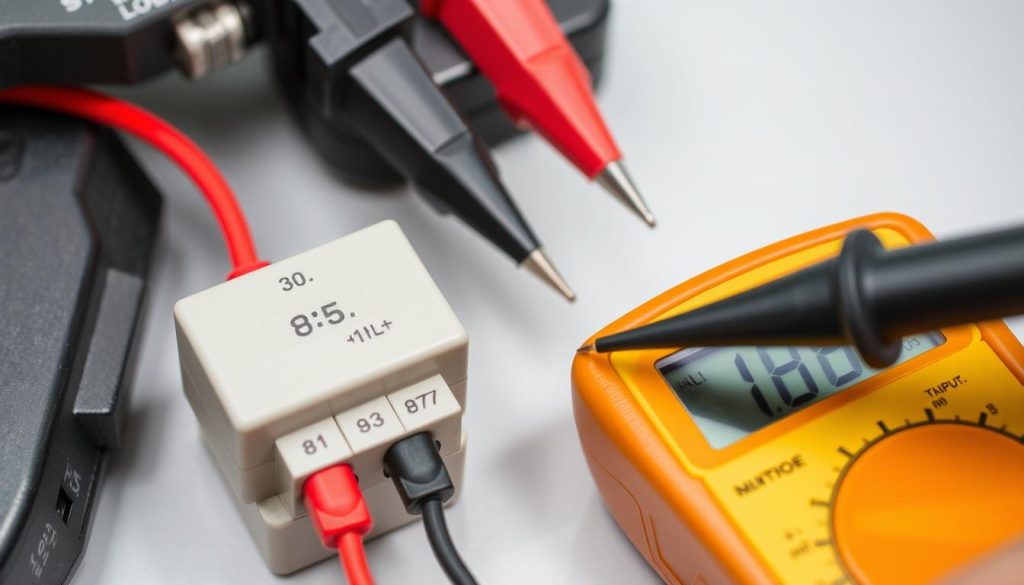 A detailed close-up view of a multimeter testing a car fuel pump relay, showcasing the relay's input and output pins labeled 30, 85, 86, and 87. The multimeter's probes are connected to the relay's terminals, highlighting the process of checking the relay's functionality. The image is captured in a well-lit, technical setting, conveying a sense of precision and professionalism. The relay is prominently displayed against a neutral background, allowing the viewer to focus on the task at hand. The overall tone is one of instructional clarity, suitable for inclusion in the article "Jak sprawdzić przekaźnik pompy paliwa?" by homerevolution.pl.
