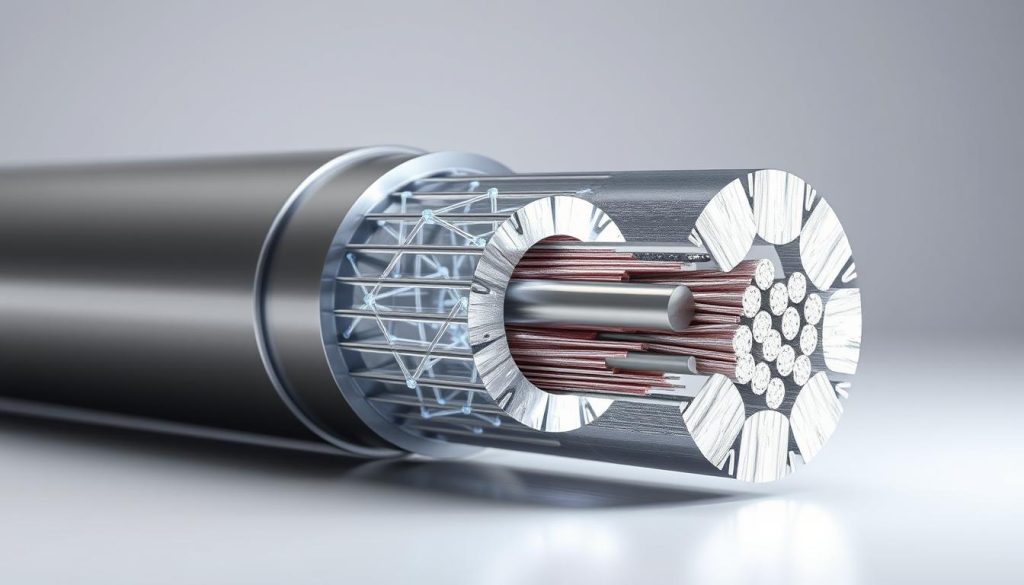 A detailed cross-section of an aluminum conductor, showcasing its internal structure and the mechanism of electrical conduction. The conductor is depicted in a realistic, metallic finish, with a sleek and modern appearance. The image should have a clean, technical aesthetic, emphasizing the material's properties and its role in electrical systems. In the foreground, the aluminum's crystalline lattice structure is visible, highlighting the free-flowing electrons that enable efficient current flow. The middle ground features a cutaway view, revealing the conductor's core and the arrangement of individual strands. The background should have a subtle, gradient-based lighting setup, casting soft shadows and accentuating the conductor's depth and dimension. Rendered in a high-quality, photorealistic style, this image should be suitable for use in the "homerevolution.pl" article section on metal conductivity. A detailed cross-section of an aluminum conductor, showcasing its internal structure and the mechanism of electrical conduction. The conductor is depicted in a realistic, metallic finish, with a sleek and modern appearance. The image should have a clean, technical aesthetic, emphasizing the material's properties and its role in electrical systems. In the foreground, the aluminum's crystalline lattice structure is visible, highlighting the free-flowing electrons that enable efficient current flow. The middle ground features a cutaway view, revealing the conductor's core and the arrangement of individual strands. The background should have a subtle, gradient-based lighting setup, casting soft shadows and accentuating the conductor's depth and dimension. Rendered in a high-quality, photorealistic style, this image should be suitable for use in the "homerevolution.pl" article section on metal conductivity.