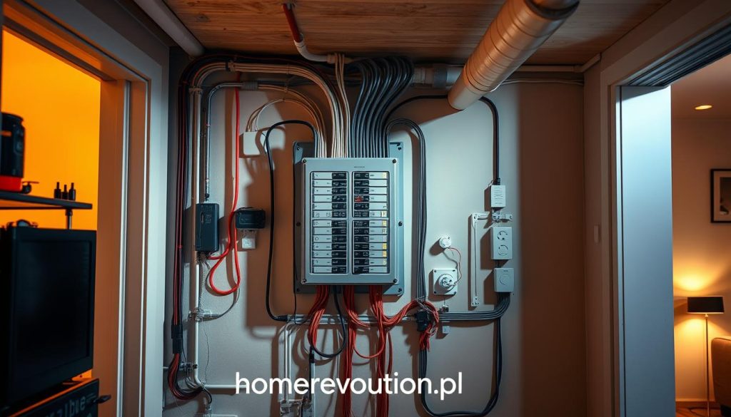 A detailed interior view of a modern home's electrical system, showcasing the origin of electricity and its flow through the residence. The scene depicts the main circuit breaker box, with exposed wiring and conduits leading to various outlets and devices throughout the rooms. The lighting is a combination of warm, ambient illumination and focused task lighting, casting dramatic shadows that accentuate the technical components. The overall atmosphere conveys a sense of functional efficiency and technological sophistication. Branding: "homerevolution.pl"