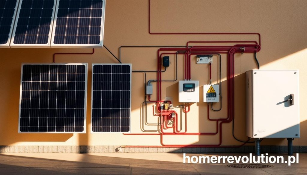 A detailed schematic diagram of a photovoltaic system, showcasing the interconnection of solar panels, the power inverter, and the electrical distribution network. The scene is illuminated by a warm, natural lighting, casting subtle shadows that emphasize the technical components. The homerevolution.pl logo is prominently displayed in the lower right corner, providing a professional and authoritative context. The overall composition conveys a sense of technical sophistication and practical application, perfectly suited to illustrate the section on "Napięcie w systemie fotowoltaicznym: łączenie paneli, projekt stringów i dobór falownika".