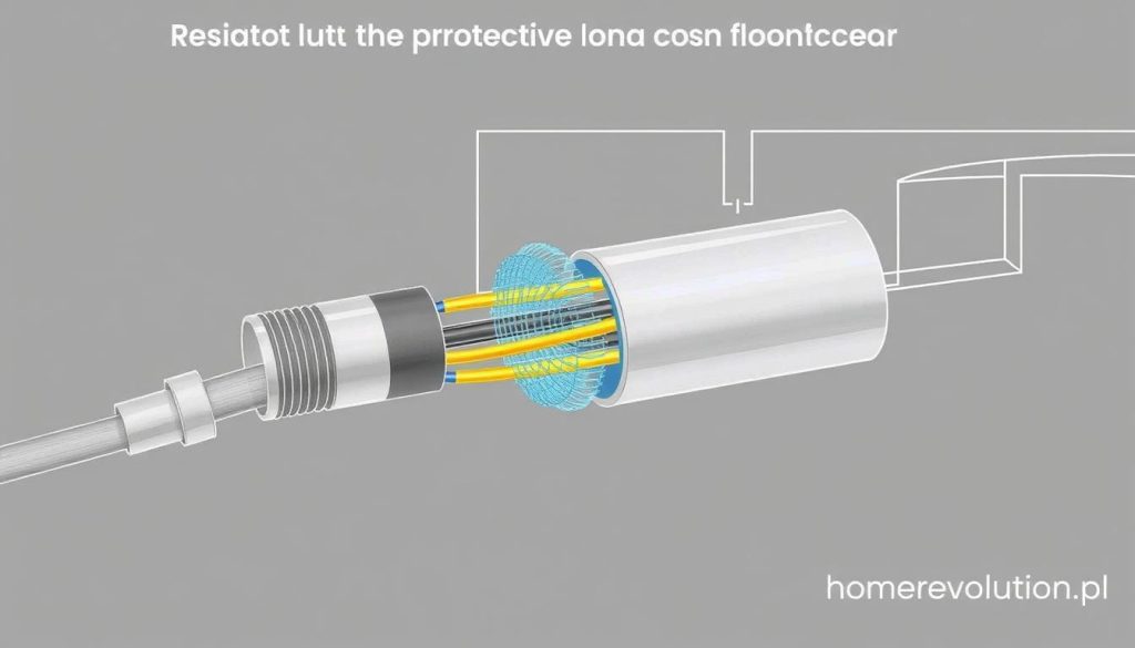 A detailed, technical illustration showcasing the induction of the protective conductor within an electrical system. Captured in a clean, schematic style with a focus on the core components and their interactions. Crisp, precise lines and shapes convey the engineering principles at play, while a muted color palette of grays, blues, and metallics lends an air of technical sophistication. The image should serve as a clear, instructive visual aid to accompany the article's section on the causes and mechanisms behind the current flowing through the earthing/grounding system. Subtle branding of "homerevolution.pl" should be integrated into the design in a way that complements the technical aesthetic.