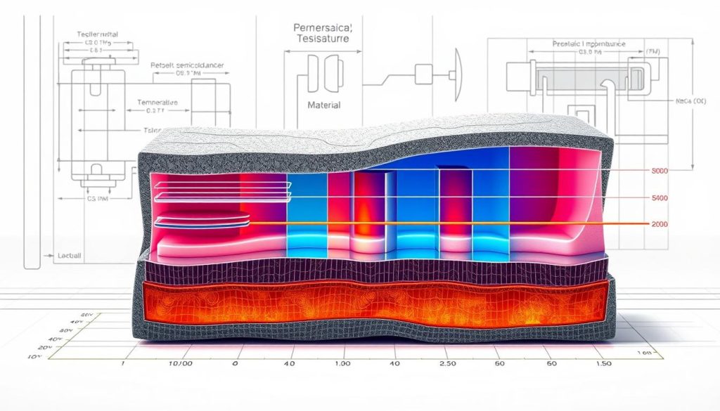 A detailed technical illustration showcasing the relationship between temperature and electrical resistance in materials. The image should depict a cross-section of various materials - metals, semiconductors, and insulators - with color-coded sections highlighting their unique resistance properties as temperature changes. The composition should have a clean, scientific aesthetic with precise, technical linework and a neutral color palette. The foreground should feature the core materials, while the background could include subtle technical diagrams or grids to reinforce the educational nature of the image. Lighting should be neutral and directional, creating depth and emphasizing the textural details. The final image should be suitable for inclusion in the "homerevolution.pl" article on electrical resistance.