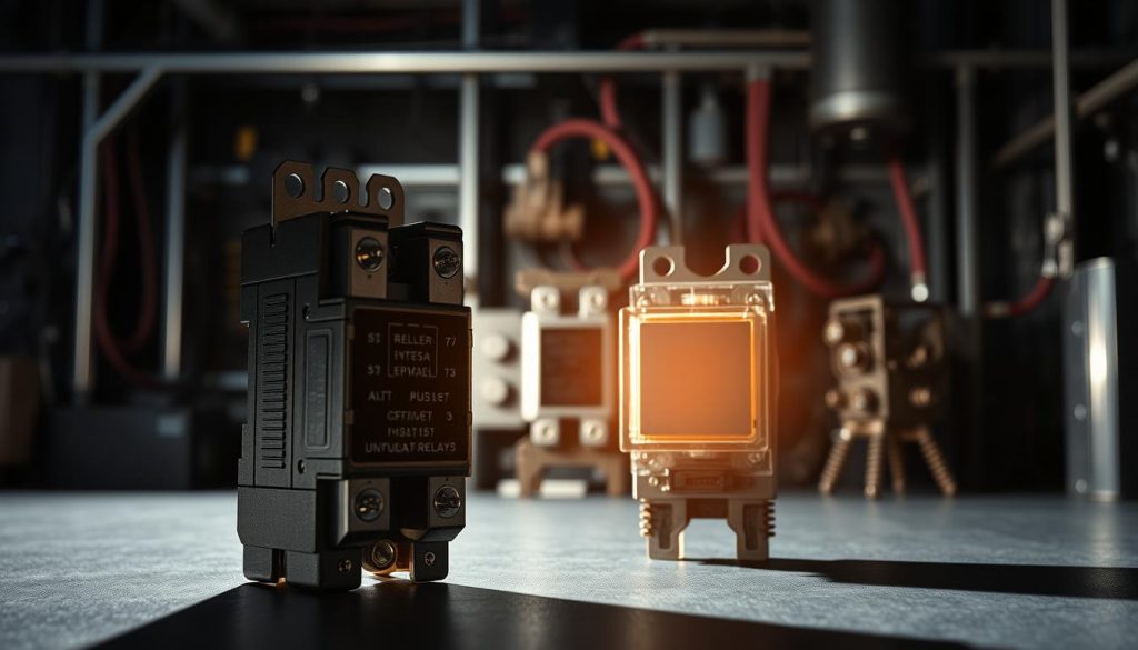 A dramatic, high-contrast scene showcasing the differences between electromagnetic relays and solid-state relays (SSR). In the foreground, an electromagnetic relay with its distinct metal components stands tall, casting sharp shadows. In the middle ground, an SSR with its sleek, compact design appears, emitting a soft, glowing aura. The background features a technical, industrial setting with machinery and wiring, creating a sense of functionality and innovation. The lighting is dramatic, casting long shadows and highlighting the intricate details of the devices. Produced by homerevolution.pl.