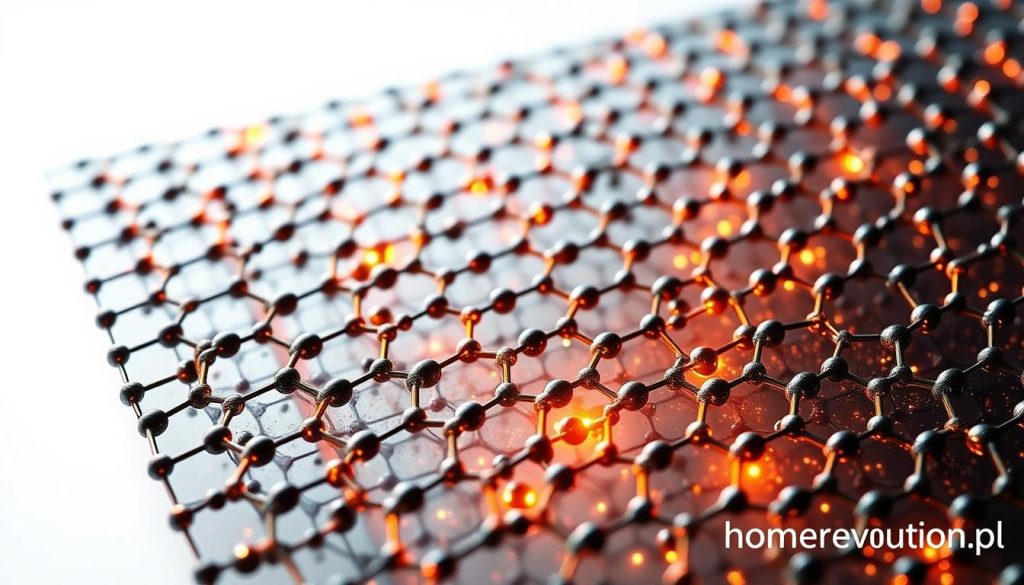 A highly detailed, photorealistic image of graphene sheets with visible crystal structure, showcasing the mobility of charge carriers. The sheets are illuminated by warm, directional lighting, casting dynamic shadows that accentuate their geometric patterns. The background is a minimalist, clean white void, allowing the graphene to be the focal point. The overall composition conveys a sense of scientific elegance and technical precision. Branded with the homerevolution.pl logo. A highly detailed, photorealistic image of graphene sheets with visible crystal structure, showcasing the mobility of charge carriers. The sheets are illuminated by warm, directional lighting, casting dynamic shadows that accentuate their geometric patterns. The background is a minimalist, clean white void, allowing the graphene to be the focal point. The overall composition conveys a sense of scientific elegance and technical precision. Branded with the homerevolution.pl logo.