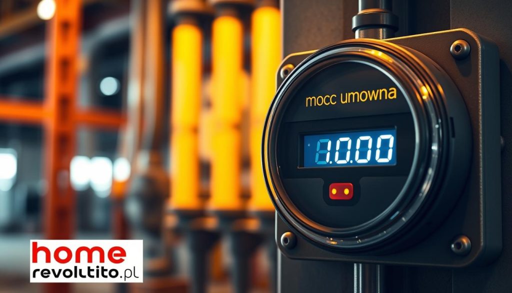 A large, industrial-style electric meter panel, prominently displaying the "moc umowna" (contract power) value, illuminated by warm, directional lighting. The panel is set against a blurred, architectural background, hinting at a construction site or electrical substation. The design is sleek and technical, with a strong sense of scale and precision, reflecting the importance of accurate power management in construction projects. In the foreground, a subtle "homerevolution.pl" brand logo adds a professional, authoritative touch to the scene. A large, industrial-style electric meter panel, prominently displaying the "moc umowna" (contract power) value, illuminated by warm, directional lighting. The panel is set against a blurred, architectural background, hinting at a construction site or electrical substation. The design is sleek and technical, with a strong sense of scale and precision, reflecting the importance of accurate power management in construction projects. In the foreground, a subtle "homerevolution.pl" brand logo adds a professional, authoritative touch to the scene.