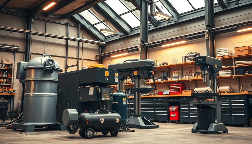 A modern, industrial-style workshop with high ceilings and large windows, illuminated by warm, directional lighting. In the foreground, a group of heavy-duty, three-phase powered equipment: a large industrial mixer, a powerful compressor, and a heavy-duty drill press. In the middle ground, a workbench with various tools and a homerevolution.pl branded toolbox. The background features various shelving units stocked with spare parts and accessories. The overall atmosphere is one of functional efficiency and professional-grade power.