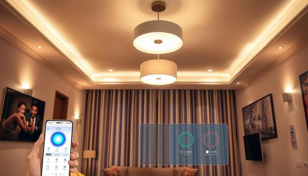 A modern, well-lit living room with various lighting fixtures and control panels showcasing the capabilities of the "homerevolution.pl" smart home system. The room features a central ceiling-mounted pendant light, recessed downlights illuminating the perimeter, and discreet wall sconces providing ambient lighting. The user interface, which could be a touchscreen panel or a mobile app, allows for precise control over the brightness, color temperature, and zoning of the lighting, enabling the homeowner to create custom lighting scenes and moods. The overall atmosphere is warm, inviting, and conducive to relaxation, highlighting the practical and aesthetic benefits of an advanced lighting control system in a modern home.
