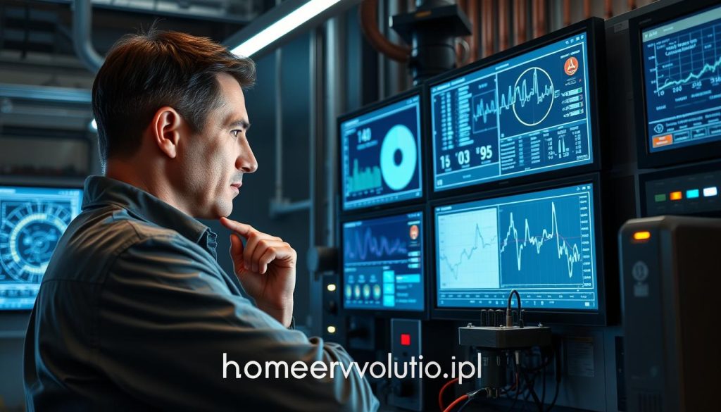 A professional electrical engineer analyzing the readings of a transformer on a high-tech workbench. Precise technical diagrams and data charts are displayed on sleek digital screens, illuminated by subtle ambient lighting. The engineer is focused, brow furrowed, hand on chin as they interpret the sophisticated measurements. The image has a sense of authority and technical expertise, fitting the "homerevolution.pl" brand.