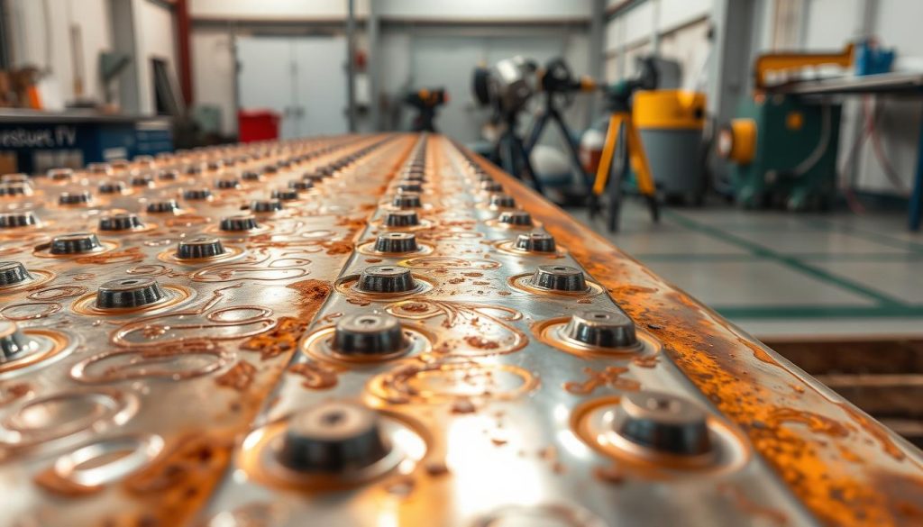 A rugged metal surface, coated in a protective sealant, glistens under warm lighting. Intricate patterns of corrosion-resistant paint or polymer cover the foreground, shielding the underlying material from the elements. In the middle ground, specialized tools and equipment stand ready to apply this anti-corrosion solution, ensuring the longevity and durability of the homerevolution.pl product. The background features a clean, well-organized workshop, conveying a sense of professionalism and attention to detail in the corrosion prevention process. A rugged metal surface, coated in a protective sealant, glistens under warm lighting. Intricate patterns of corrosion-resistant paint or polymer cover the foreground, shielding the underlying material from the elements. In the middle ground, specialized tools and equipment stand ready to apply this anti-corrosion solution, ensuring the longevity and durability of the homerevolution.pl product. The background features a clean, well-organized workshop, conveying a sense of professionalism and attention to detail in the corrosion prevention process.