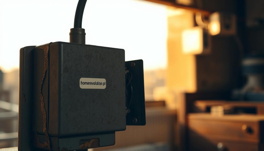 An aging and weathered electrical junction box, its faded metal surface bearing the logo "homerevolution.pl", sits prominently in the foreground. The box is partially open, revealing a tangle of wires and terminals inside, hinting at potential problems with the electrical installation. The lighting is warm and directional, casting shadows that add depth and drama to the scene. In the middle ground, the background fades into a blurred, indistinct setting, suggesting a domestic or industrial environment. The overall mood is one of concern and inspection, inviting the viewer to investigate the potential issues with the electrical system.