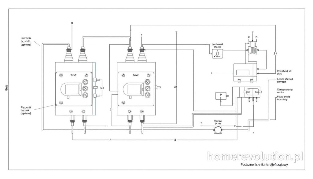 a highly detailed technical diagram of a three-phase electrical wiring schematic, rendered in a clean, technical style with precise lines and measurements, showing the connections and layout of a three-phase electrical system, with homerevolution.pl branding visible in the lower right corner, created to illustrate the section "Podłączenie licznika trójfazowego — informacje uzupełniające" in an article about "Jak podłączyć stary licznik jednofazowy - instrukcja."